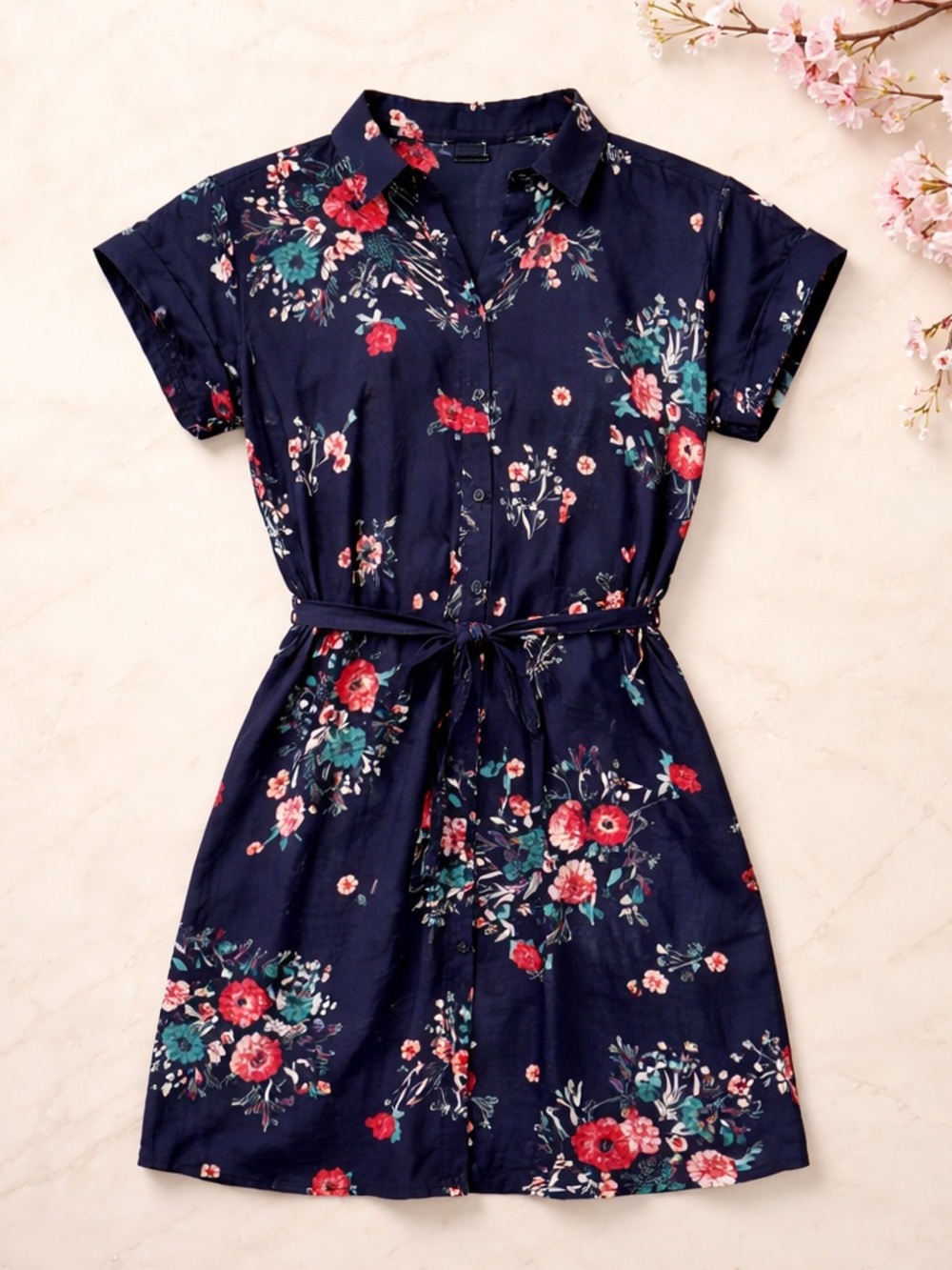 Express Floral Navy with Belt Shirt Dress